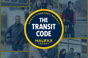 The Transit Code logo is displayed in the center. Blurred in the background are Transit operators dressed in their civilian clothes engaging in life activities. 