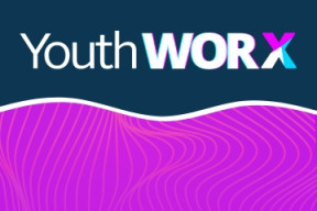 Youth Worx on a dark blue background, with a neon striped on the bottom half of the graphic.