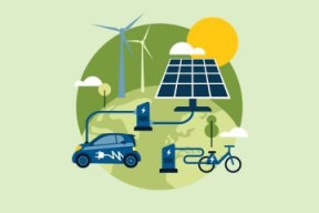 Image with green background, electric vehicles, wind turbines and solar panels