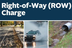 Right-of-Way (ROW) Charge in white font with a photo of a culvert, a catch basin and a flooded roadway