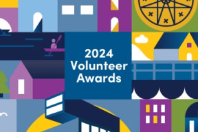 '2024 Volunteer Awards' in white font on a HRM themed illustrated collage background.