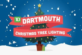 A snowy winter scene with a Christmas Tree with a star on top. 'TD Dartmouth Christmas Tree Lighting' in white font on a red ribbon.