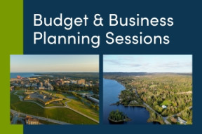 Two aerial shots of the region on a blue background with the words BUDGET & BUSINESS PLANNING SESSIONS.