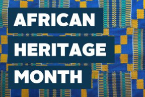 Blue and yellow Kente cloth with "African Heritage Month" written in white text.