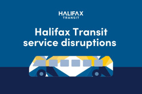 A drawing of a Halifax Transit bus on a solid blue background underneath the Halifax Transit logo and the text "Halifax Transit service disruptions".