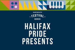 Halifax Pride presents in white font on a dark blue background, surrounded by an illustrated, bright music themed border. 
