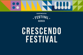 Crescendo Festival in white font on a dark blue background, surrounded by an illustrated, bright music themed border. 