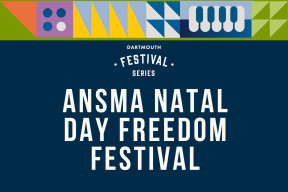 ANSMA Natal Day Freedom Festival in white font on a dark blue background, surrounded by an illustrated, bright music themed border. 