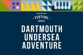 Dartmouth Undersea Adventures in white font on a dark blue background, surrounded by an illustrated, bright music themed border. 
