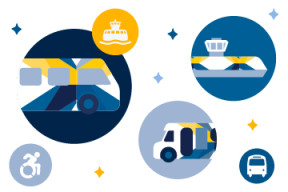 On a white background graphic illustrations of a bus, ferry, and access-a-bus and accessibility icon. The illustrations are Transit brand colours of yellow, and shares of dark and light blues.  