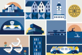 A colourful collage of illustrated Halifax sites, symbols and icons. 