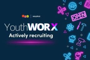 Youth Worx logo on a dark blue background with bright, neon tool and concession icons on the right side. 