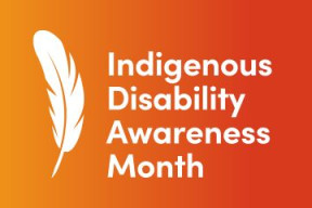 White feather on the left with text reading 'Indigenous Disability Awareness Month' over a gradient background transitioning from yellow on the left to deep orange on the right.