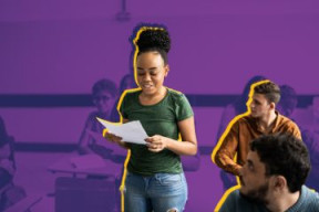 A youth poet laureate standing in front of a group of their peers, reciting one of their poems. 