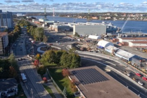 Aerial view facing north of the new roundabouts in the Cogswell District, with the Macdonald Bridge in the background.