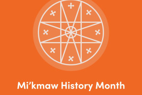 Orange background with light line drawing representing eight-point star petroglyph, a symbol that is very important to the Mi’gmaq. The text below: Mi'kmaw History Month.