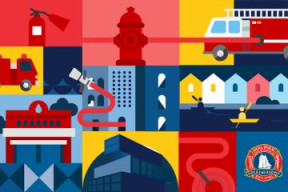 An illustration of a variety of buildings, equipment, and symbols that represent Halifax Regional Fire & Emergency with the words 'We're hiring.' and the Halifax and Halifax Regional Fire & Emergency logos.