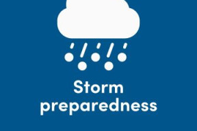 a blue square graphic with a white icon of a snow cloud with text that reads Storm preparedness