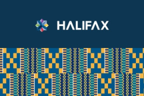 Halifax and Diversity & Inclusion logos at the top, with a kente cloth-inspired graphic below, featuring vibrant yellow, green, blue and white geometric shapes.