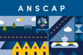 A geometric illustration featuring elements of a coastal cityscape. The image includes a road with road, a ferry, yellow buildings with pointed roofs, trees, a bench under a sun and a bridge. A colourful geometric emblem represents Diversity and Inclusion. The word "ANSCAP" is displayed at the top.