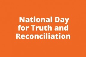 Orange background with the words National Day for Truth and Reconciliation