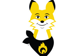 A photo of Ember the Fire Smart fox mascot. The fox is an orangey and yellow colour and is wearing a black scarf with an image of a flame on the front. 