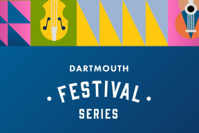 Text reads: 'Dartmouth Festival Series' in white font on a medium blue background with colourful illustrated instruments lining the top.