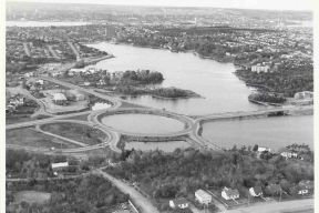 A black and white picture shows a 1970s aerial view of the Mic Mac rotary 