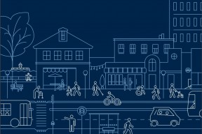 illustrated graphic showing a complete street with people walking, cycling, and taking transit. 