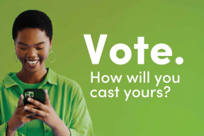 Woman smiling looking at her phone. Text overlay: "Vote. How will you cast yours?"