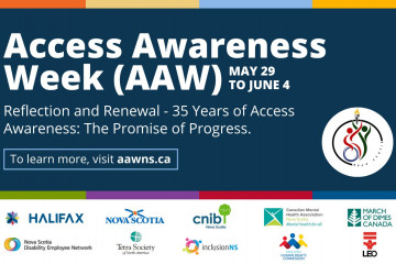 Text saying Access Awareness Week May 29 to June 4, Reflection and Renewal, 35 Years of Access Awareness: The Promise of Progress