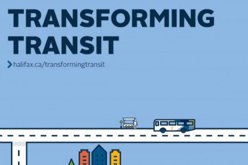 Cartoon bus on a road with buildings and a stop on a solid blue background with the text "Transforming Transit" and the link the Transforming Transit page