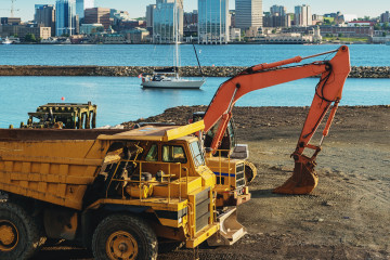 Construction trucks in front of Halifax waterfront