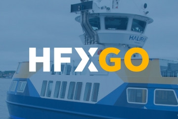 The HFXGO logo is displayed over a faded image of a ferry.