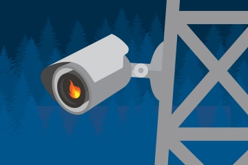 Illustrated graphic depicting a security-style camera attached to a utility tower with the silhouette of trees in the background.