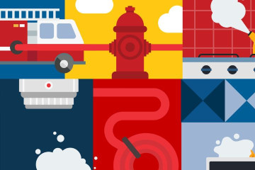 A illustation of icons related to fires. A smoke alarm, fire truck, fire hose, and fire hydrant. 