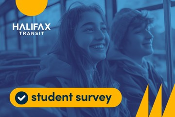 A photo of two smiling teenagers on a bus. A yellow box in the bottom left-hand corner of the image reads "student survey".