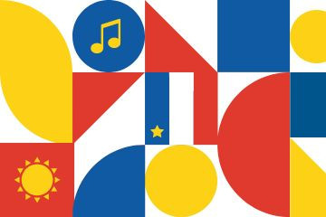 Image with Acadian colours with music notes, acadian flag, sun