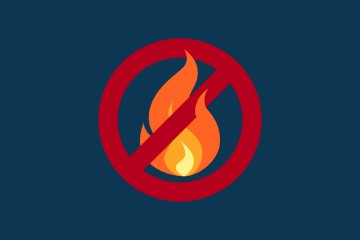 A navy-blue background. A graphic of a flame with a universal Do Not symbol. 