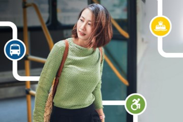 Alt text: A woman disembarking a bus while carrying a suitcase. She is surrounded by bus, ferry and accessibility icons. Text at the bottom reads "Transit Service Changes Starting Aug. 25, 2025” with the Halifax Transit logo in the bottom right corner.