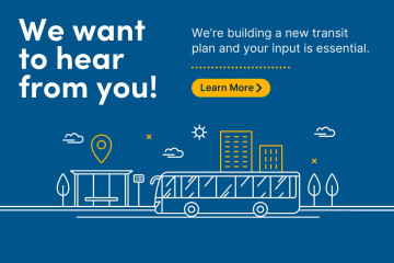 A cartoon bus driving in front of buildings, trees, and clouds. Text reads "We want to hear from you! We're building a new transit plan and your input is essential. Learn more." A Halifax Transit logo is in the top right corner. 