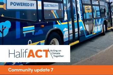 HalifACT community update cover, with electric bus emblazoned with images of clean energy.