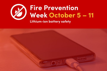 Image showing a phone charging and the word "Fire Prevention Week October 5 - 11 Lithium-ion battery safety"