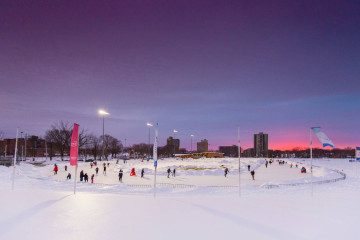 Skaters on the Emera Oval at sunset